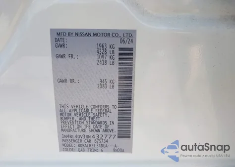 2024 Nissan Altima Sv Fwd z USA, uszkodzony, nr VIN 1N4BL4DV3RN432777